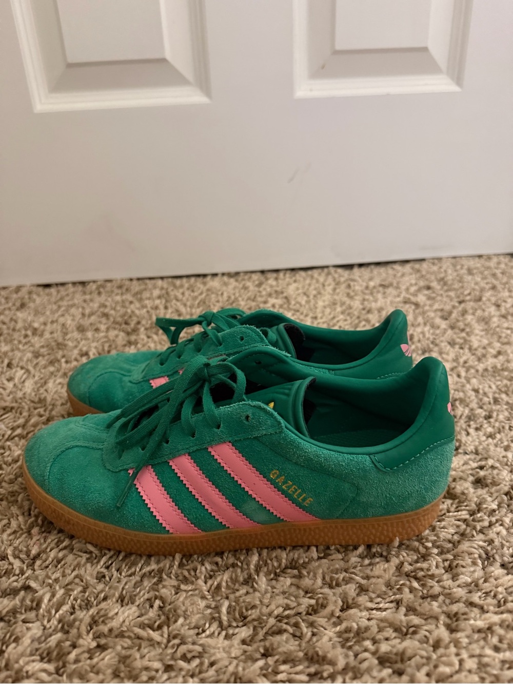 adidas Green Suede Sneakers with Pink Stripes